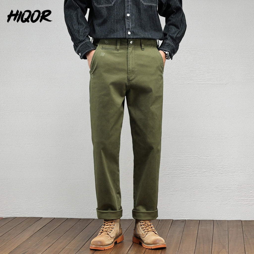 Men's Casual Cotton Pants Autumn Winter Loose Straight Leg High Elastici Bussiness Mid Waist American Retro Workwear Trousers