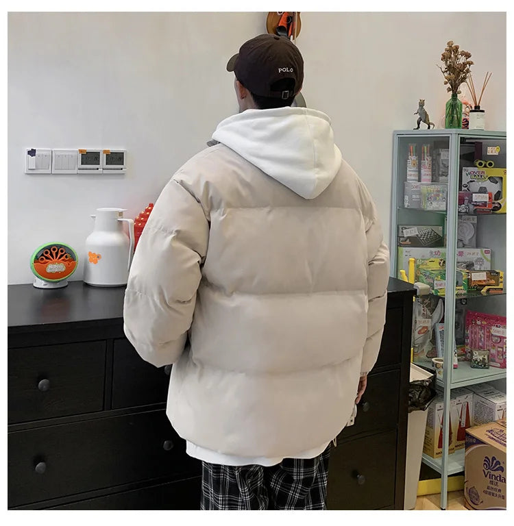 Streetwear Harajuku Warm Men's Winter Coat Solid Color Casual Parka Stand Collar Fashion Oversize Women's Winter Jacket