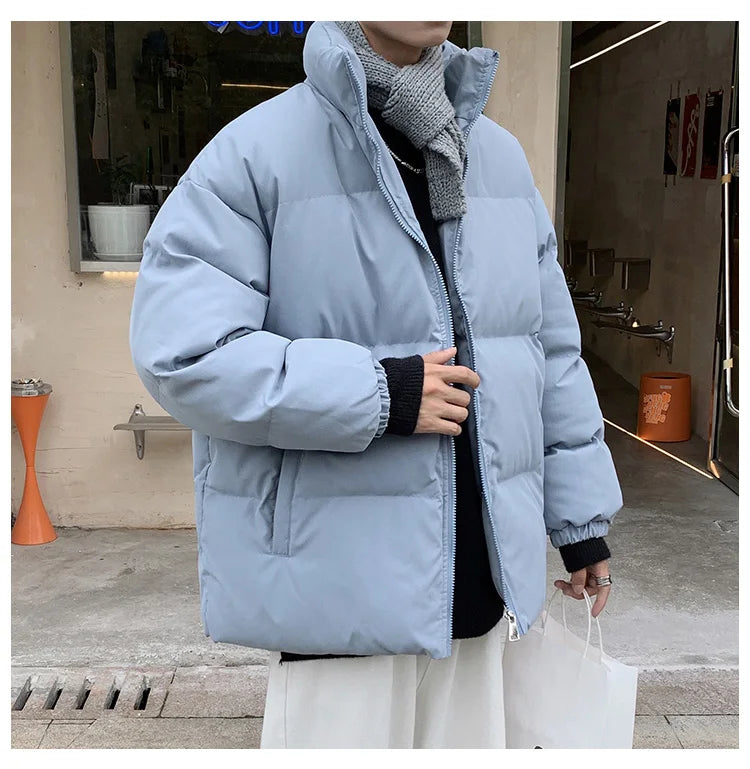 Streetwear Harajuku Warm Men's Winter Coat Solid Color Casual Parka Stand Collar Fashion Oversize Women's Winter Jacket