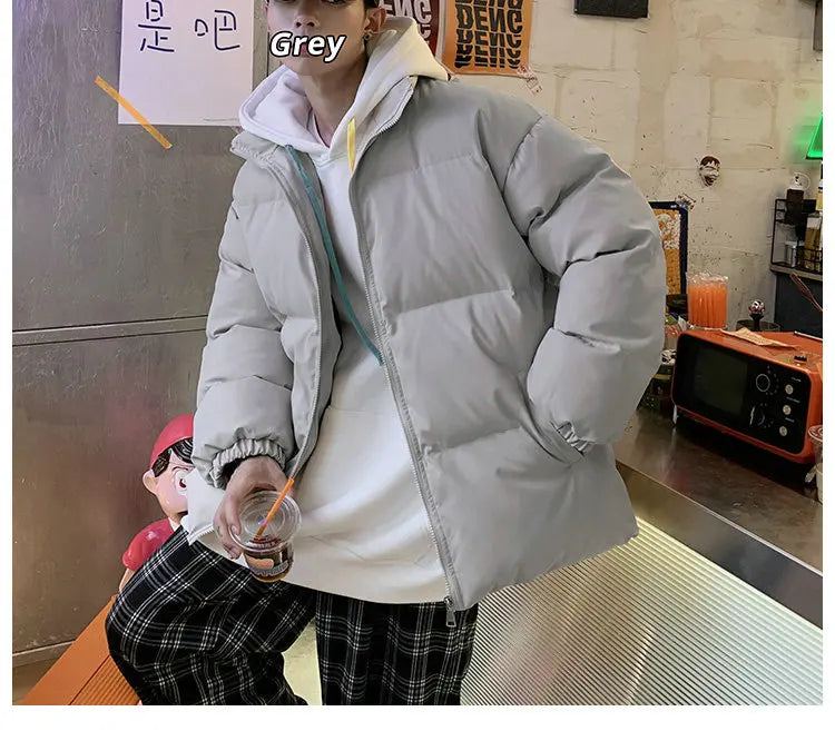 Streetwear Harajuku Warm Men's Winter Coat Solid Color Casual Parka Stand Collar Fashion Oversize Women's Winter Jacket