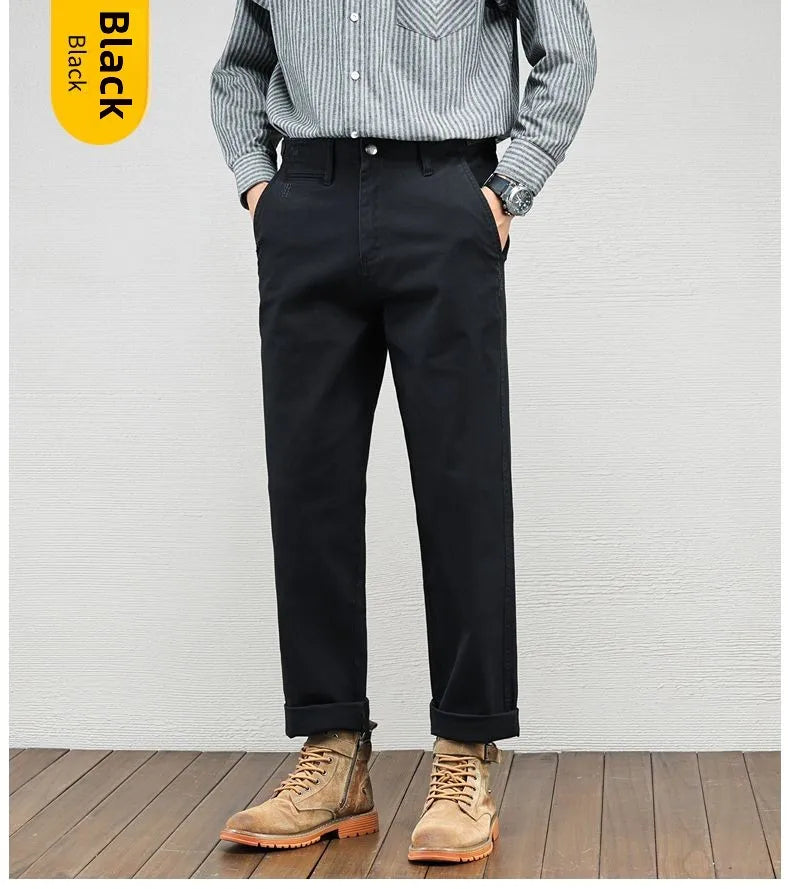 Men's Casual Cotton Pants Autumn Winter Loose Straight Leg High Elastici Bussiness Mid Waist American Retro Workwear Trousers