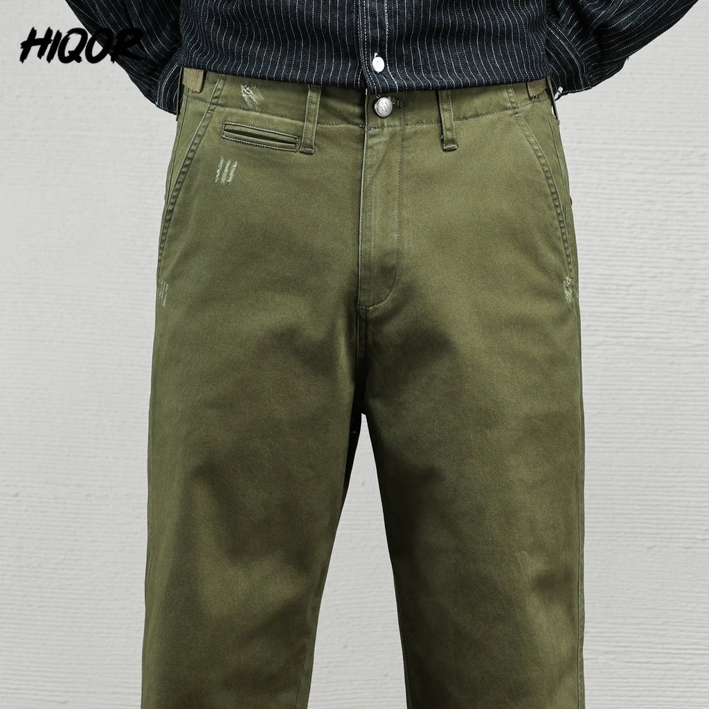 Men's Casual Cotton Pants Autumn Winter Loose Straight Leg High Elastici Bussiness Mid Waist American Retro Workwear Trousers