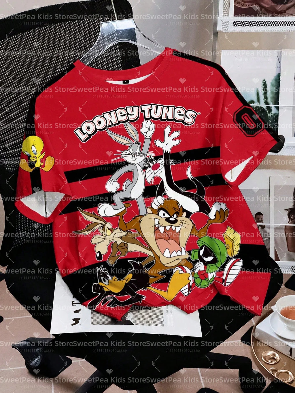 LOONEY TUNES Minimalist Casual Cartoon Design Pattern Print Summer Kids' T-shirt Round Neck Short Sleeve Pullover Loose T-shirt