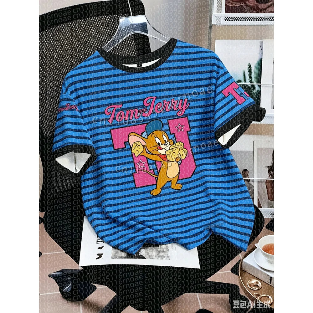 TOM & JERRY Minimalist Casual Cartoon Design Pattern Printed Summer T-shirt Round Neck Short Sleeve Pullover Loose Child Top