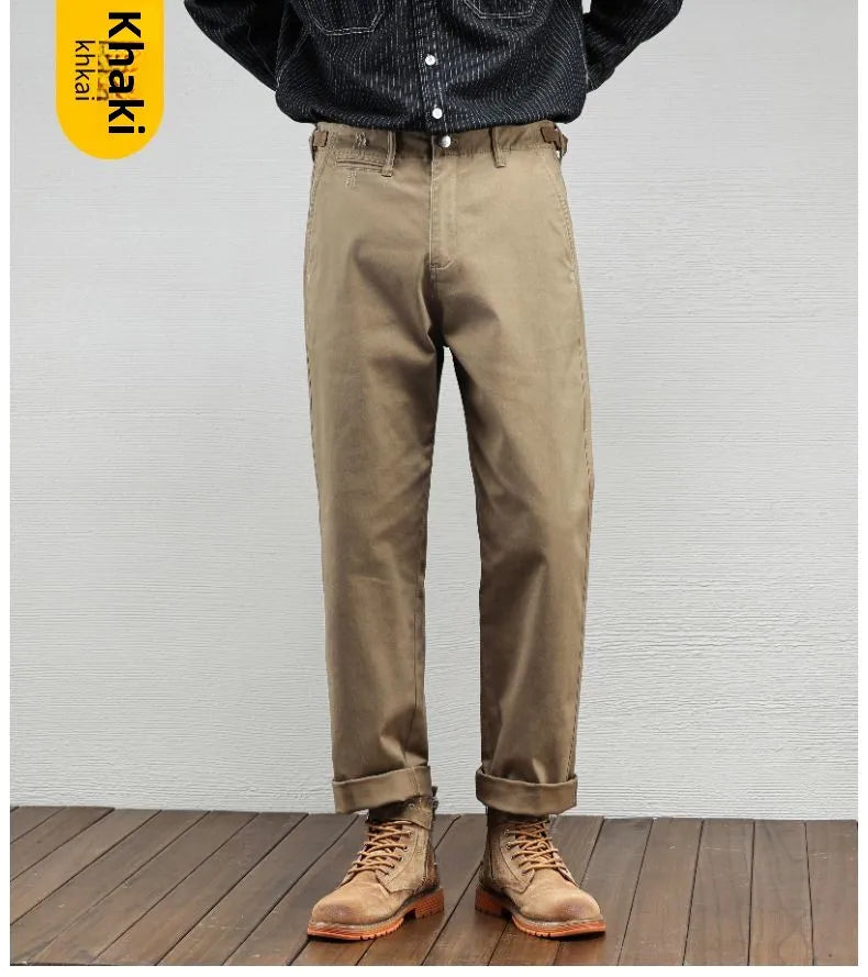 Men's Casual Cotton Pants Autumn Winter Loose Straight Leg High Elastici Bussiness Mid Waist American Retro Workwear Trousers