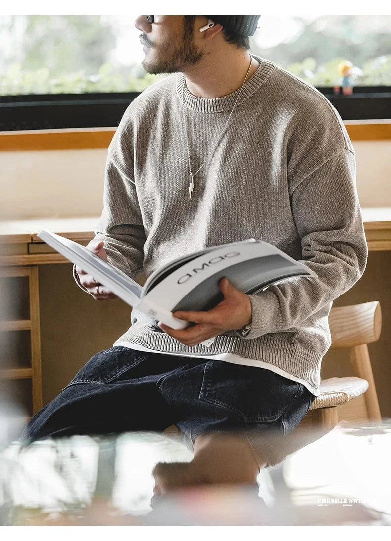 Maden Casual Chenille Round Neck Sweater for Men Warm Skin-friendly Beige Knitwear Autumn Winter Basic Solid Color Soft Sweater