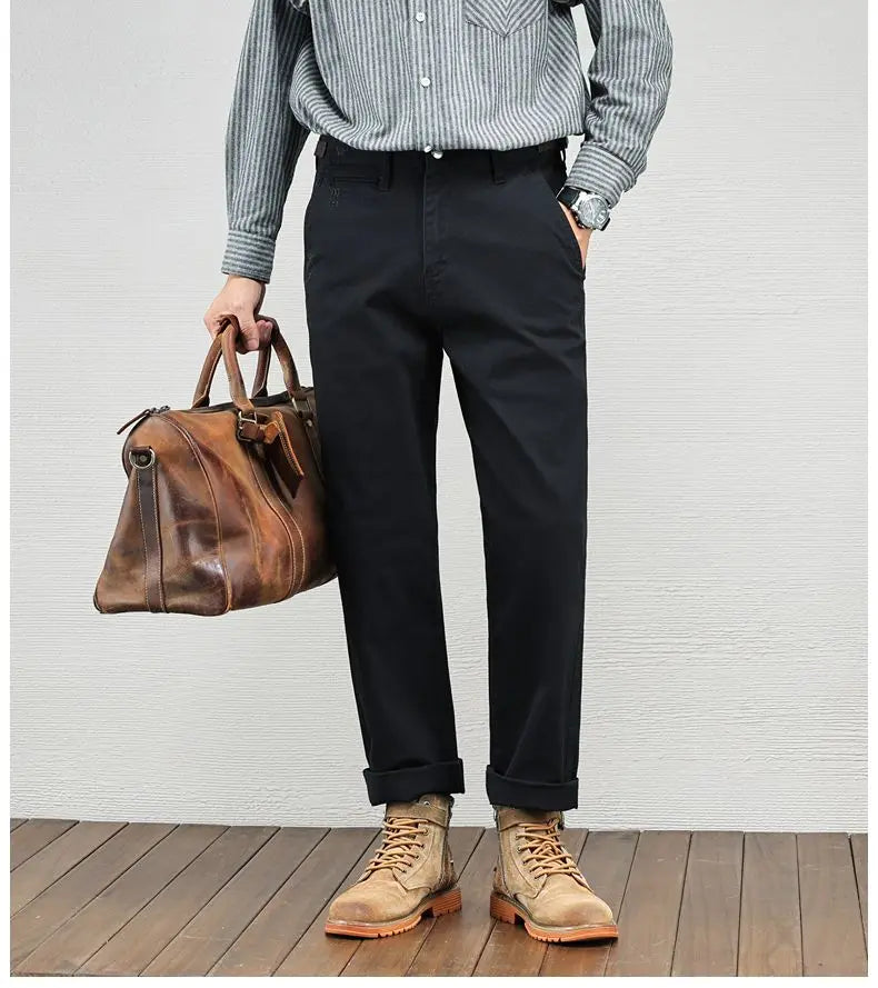 Men's Casual Cotton Pants Autumn Winter Loose Straight Leg High Elastici Bussiness Mid Waist American Retro Workwear Trousers