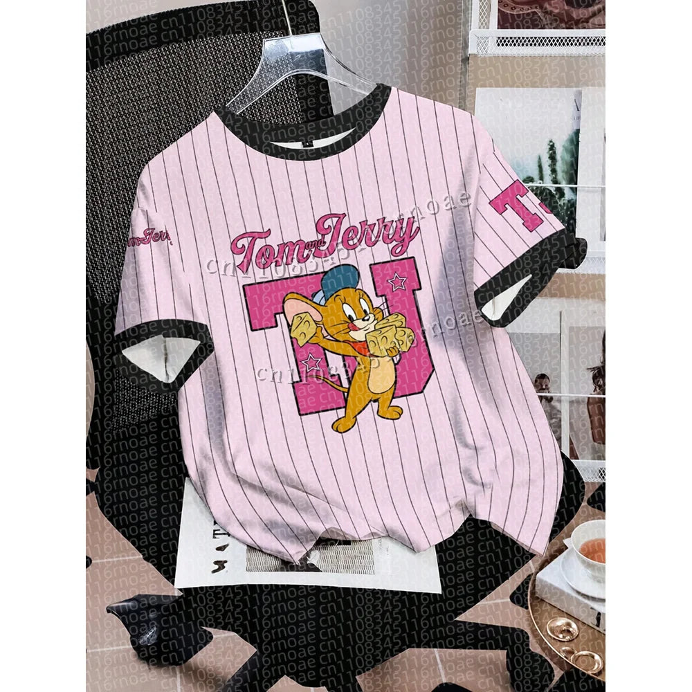 TOM & JERRY Minimalist Casual Cartoon Design Pattern Printed Summer T-shirt Round Neck Short Sleeve Pullover Loose Child Top