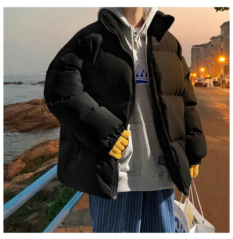 Streetwear Harajuku Warm Men's Winter Coat Solid Color Casual Parka Stand Collar Fashion Oversize Women's Winter Jacket