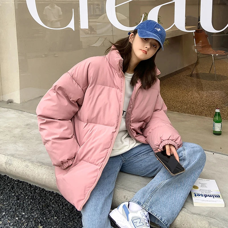 Streetwear Harajuku Warm Men's Winter Coat Solid Color Casual Parka Stand Collar Fashion Oversize Women's Winter Jacket