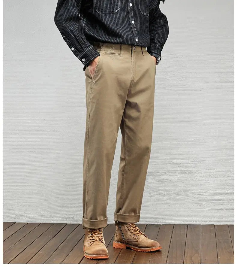 Men's Casual Cotton Pants Autumn Winter Loose Straight Leg High Elastici Bussiness Mid Waist American Retro Workwear Trousers