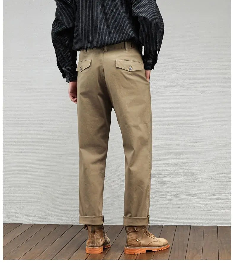 Men's Casual Cotton Pants Autumn Winter Loose Straight Leg High Elastici Bussiness Mid Waist American Retro Workwear Trousers