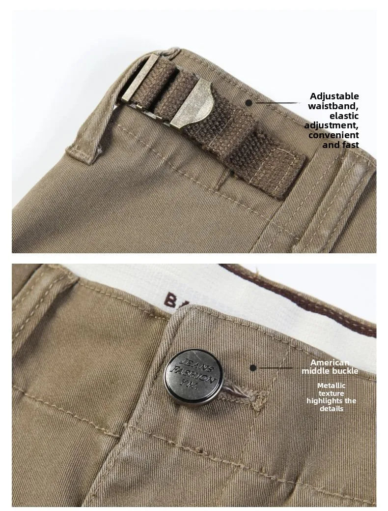 Men's Casual Cotton Pants Autumn Winter Loose Straight Leg High Elastici Bussiness Mid Waist American Retro Workwear Trousers
