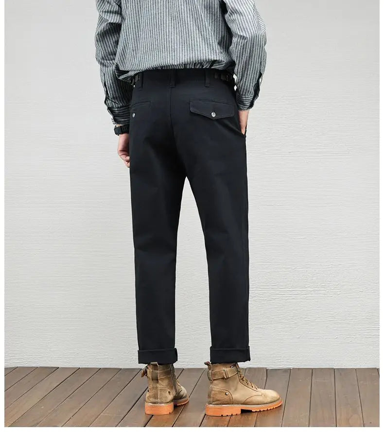 Men's Casual Cotton Pants Autumn Winter Loose Straight Leg High Elastici Bussiness Mid Waist American Retro Workwear Trousers