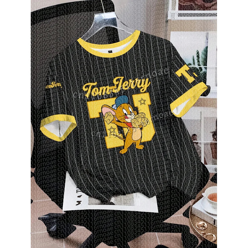 TOM & JERRY Minimalist Casual Cartoon Design Pattern Printed Summer T-shirt Round Neck Short Sleeve Pullover Loose Child Top