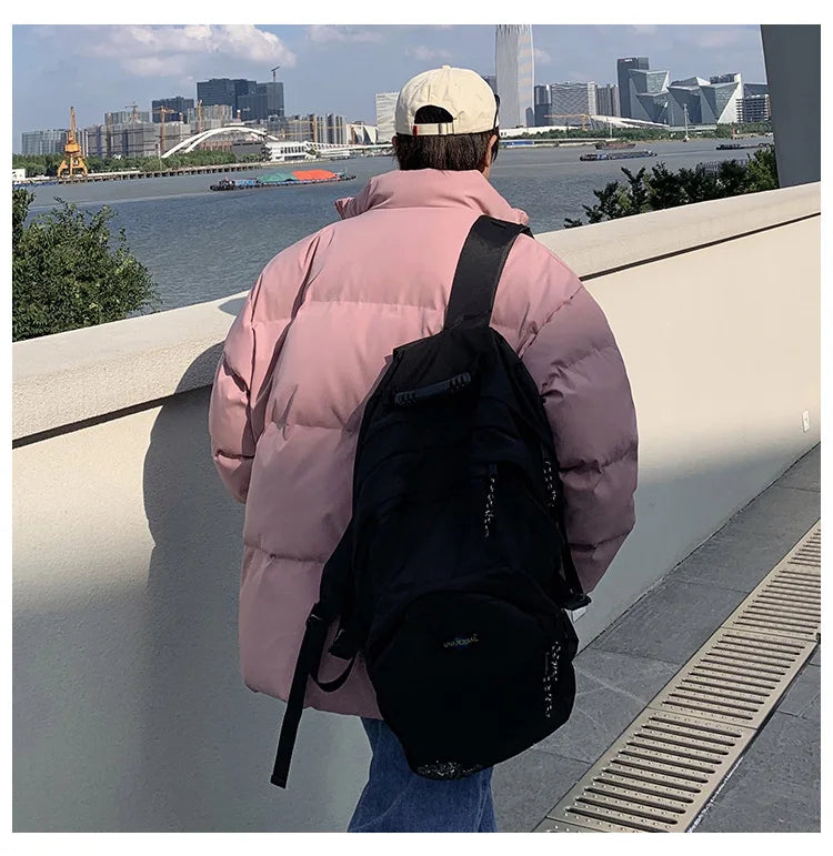 Streetwear Harajuku Warm Men's Winter Coat Solid Color Casual Parka Stand Collar Fashion Oversize Women's Winter Jacket