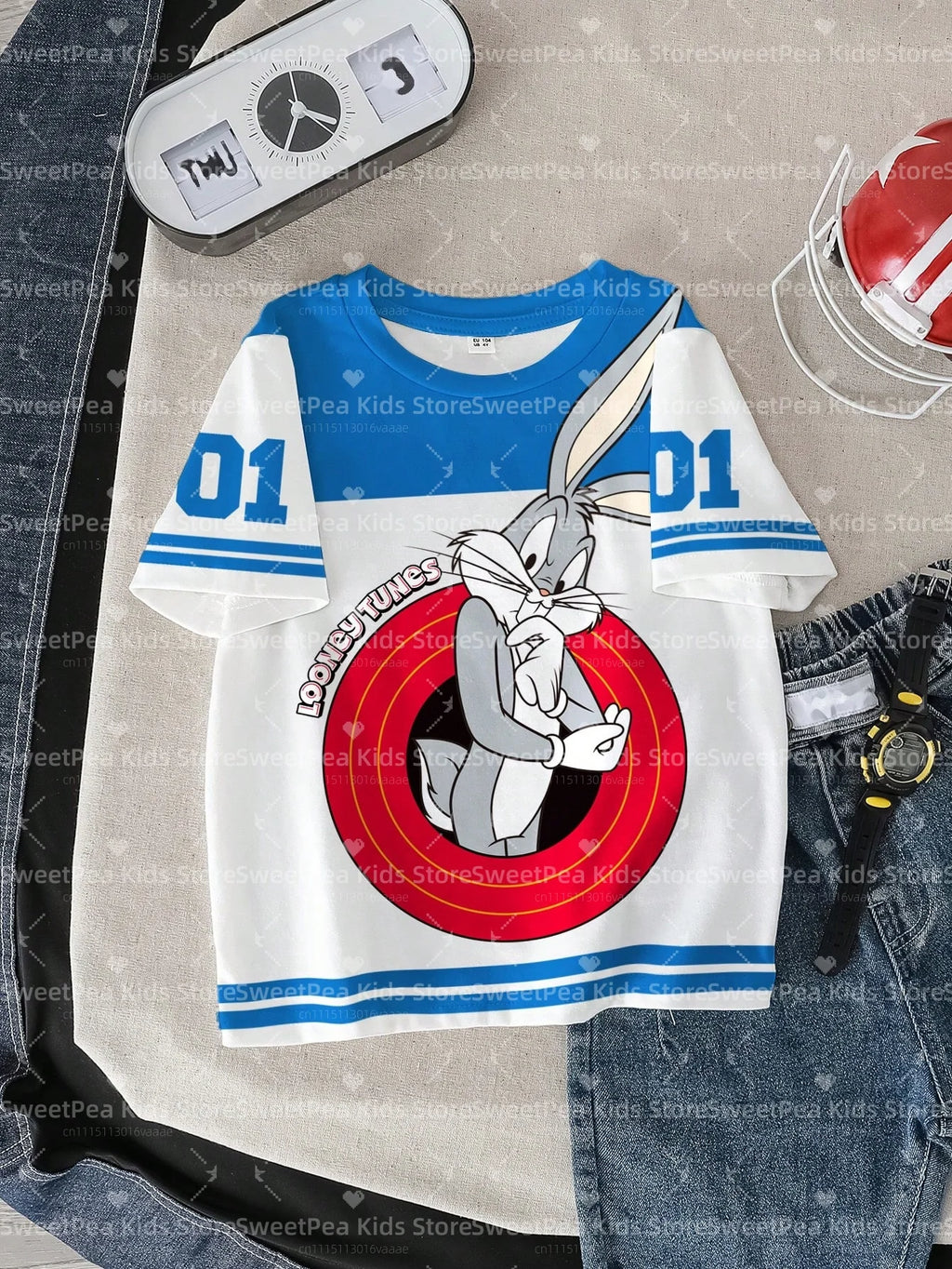 LOONEY TUNES Minimalist Casual Cartoon Design Pattern Print Summer Kids' T-shirt Round Neck Short Sleeve Pullover Loose T-shirt