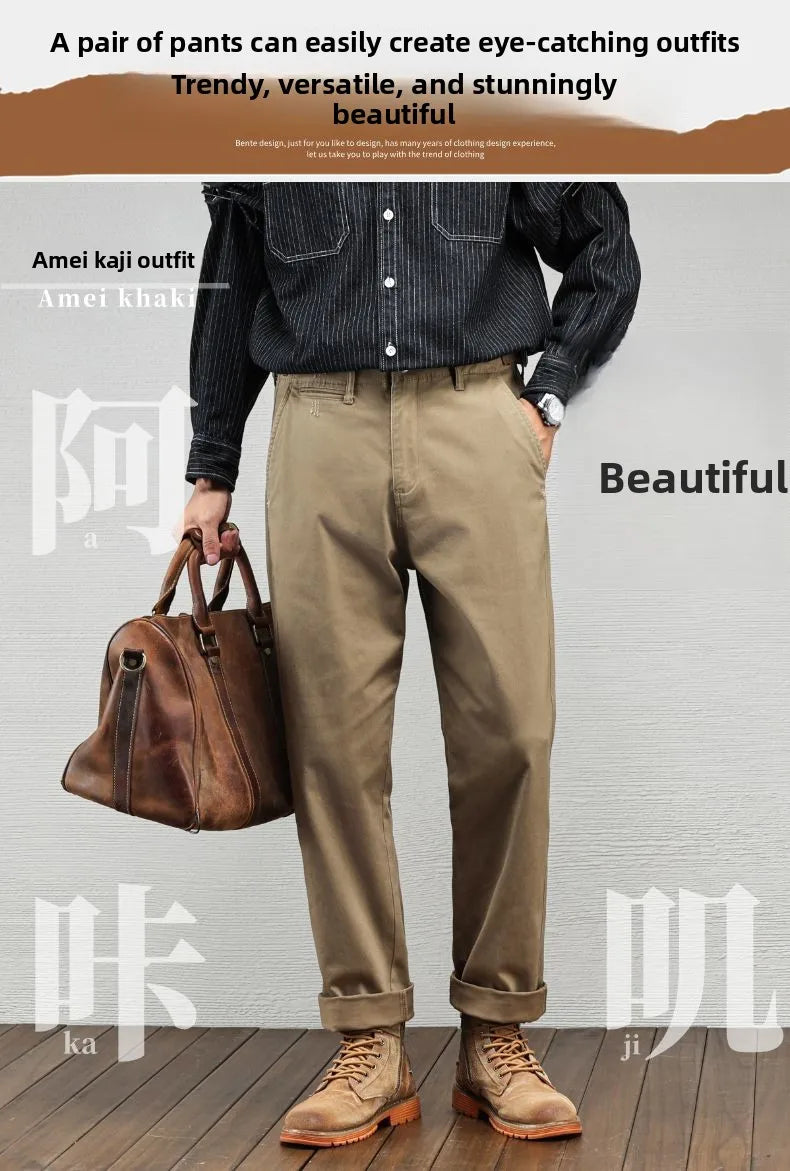 Men's Casual Cotton Pants Autumn Winter Loose Straight Leg High Elastici Bussiness Mid Waist American Retro Workwear Trousers