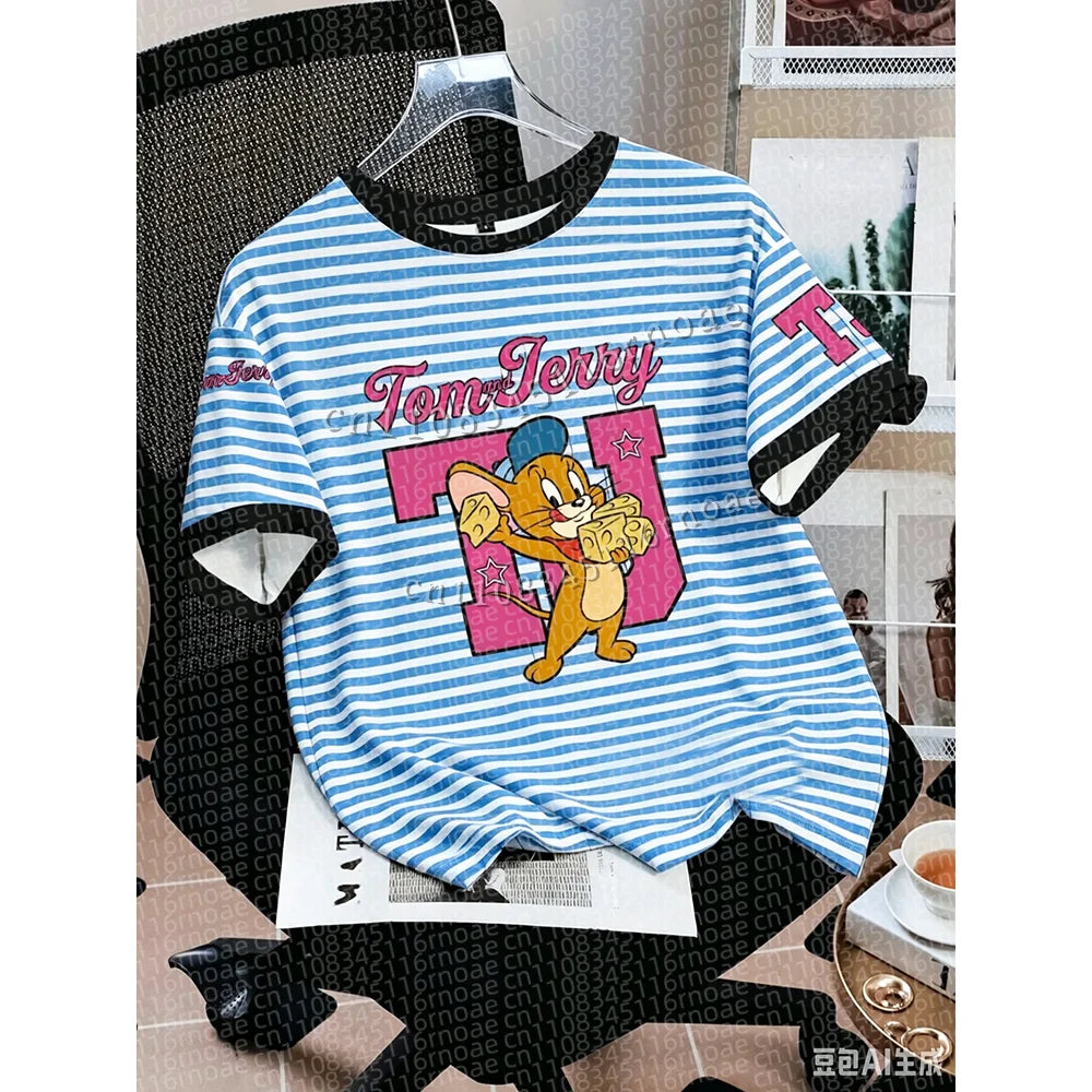 TOM & JERRY Minimalist Casual Cartoon Design Pattern Printed Summer T-shirt Round Neck Short Sleeve Pullover Loose Child Top