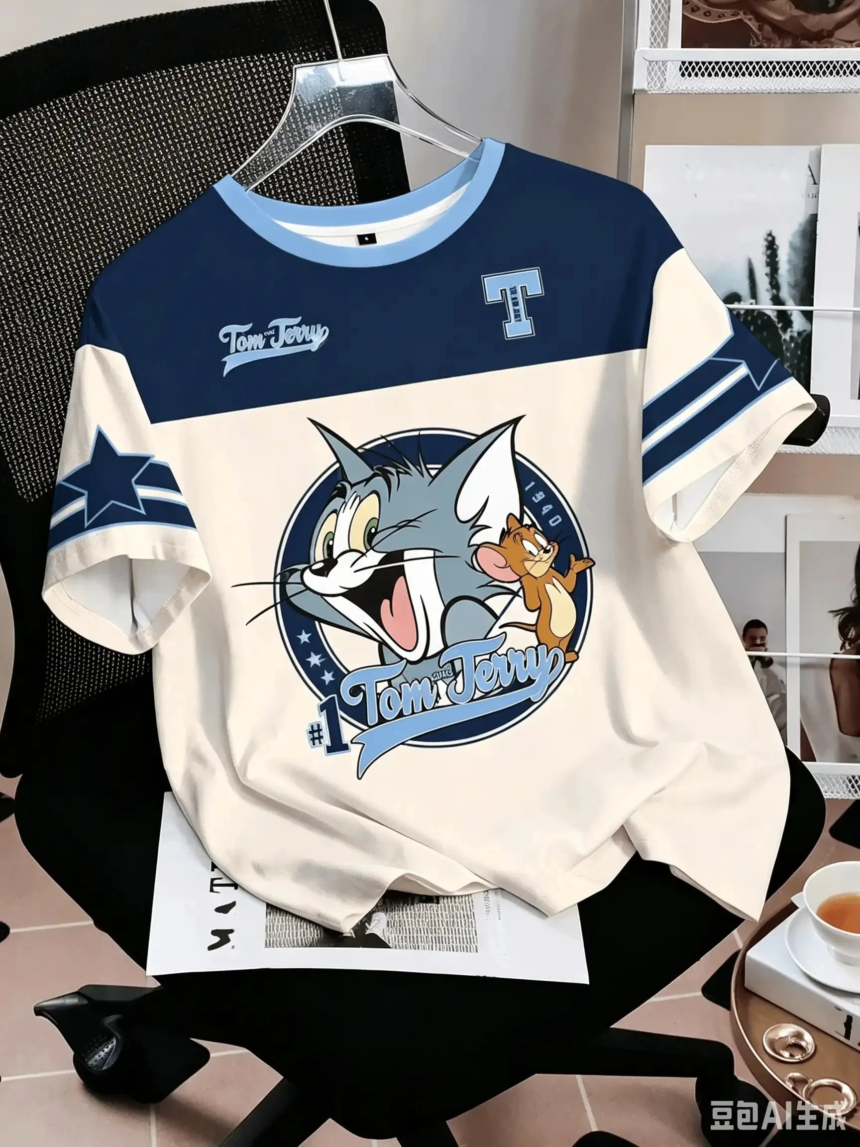 TOM & JERRY Minimalist Casual Cartoon Design Pattern Printed Summer T-shirt Round Neck Short Sleeve Pullover FamilyMatching