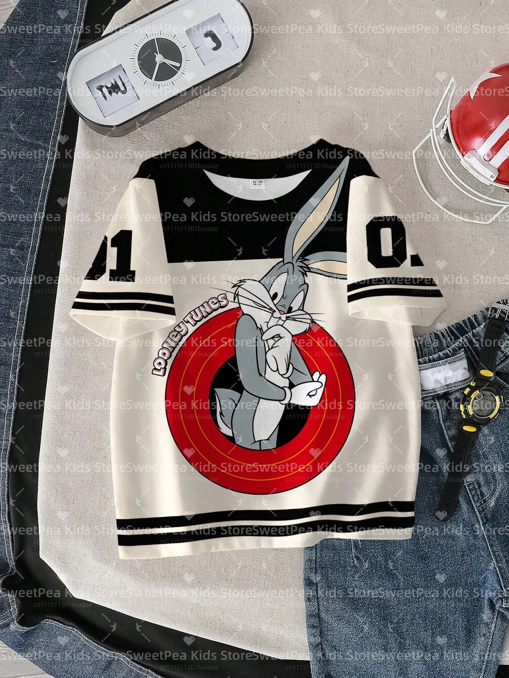 LOONEY TUNES Minimalist Casual Cartoon Design Pattern Print Summer Kids' T-shirt Round Neck Short Sleeve Pullover Loose T-shirt