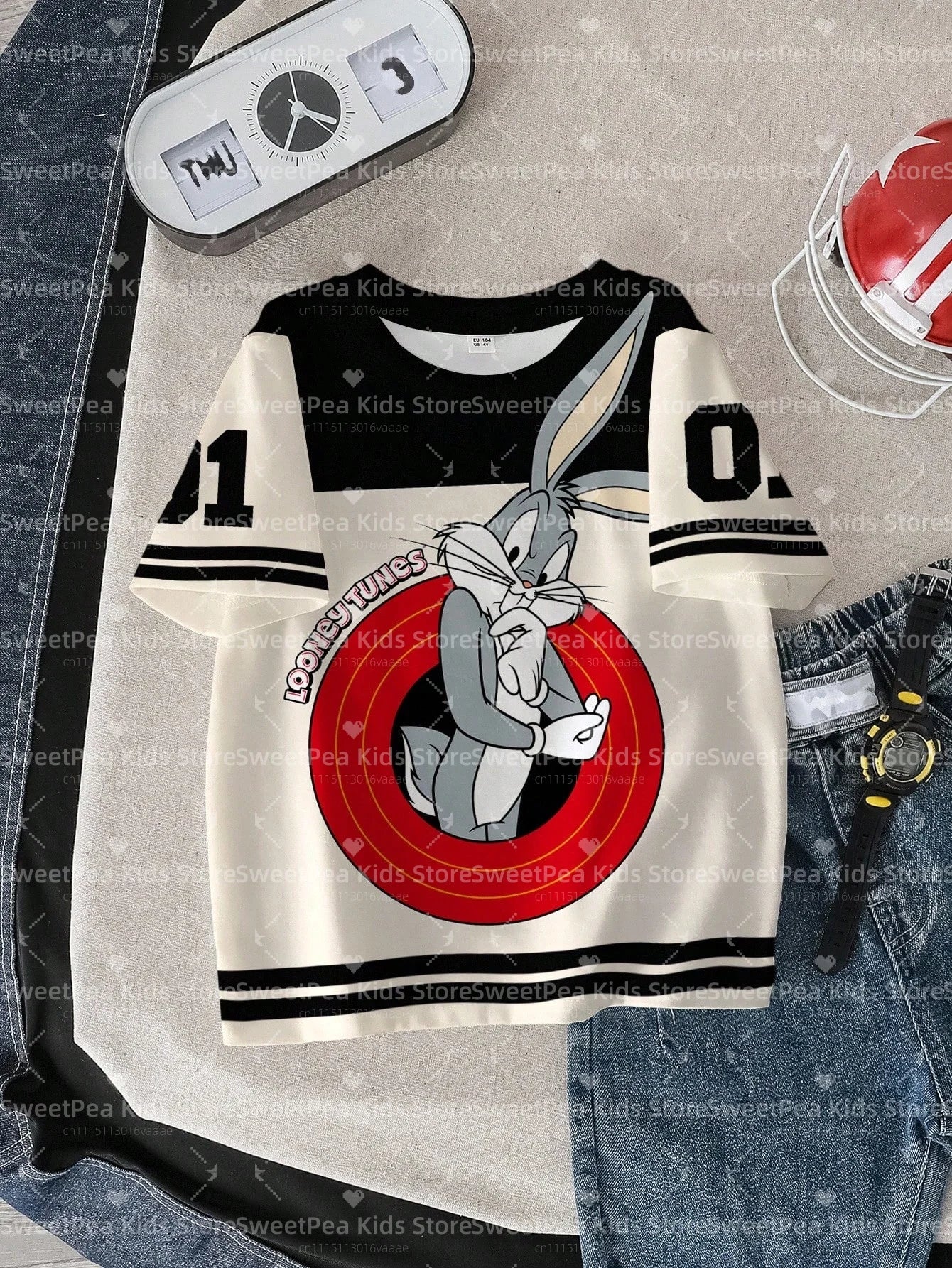 LOONEY TUNES Minimalist Casual Cartoon Design Pattern Print Summer Kids' T-shirt Round Neck Short Sleeve Pullover Loose T-shirt