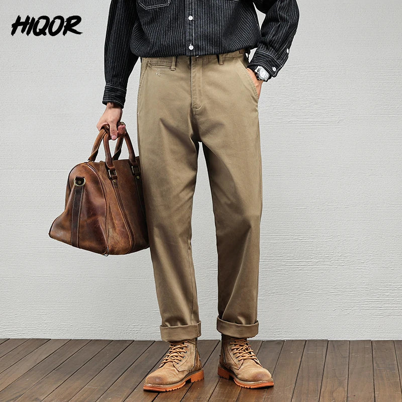 Men's Casual Cotton Pants Autumn Winter Loose Straight Leg High Elastici Bussiness Mid Waist American Retro Workwear Trousers