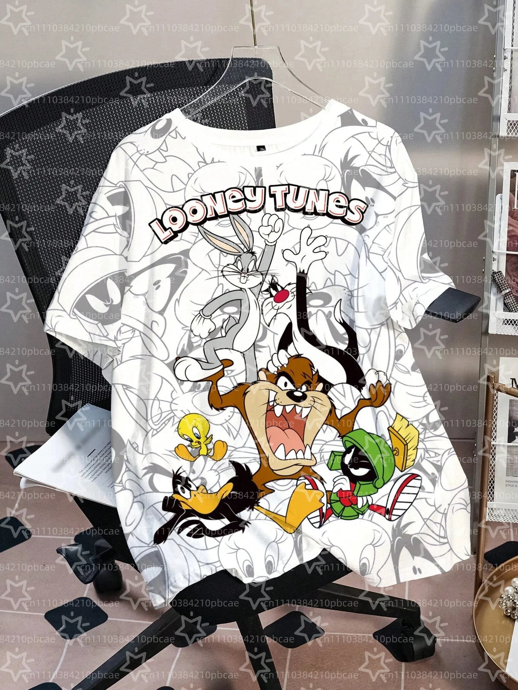 LOONEY TUNES Cartoon Design Pattern Printed Loose Short Sleeve T-shirts Children's Summer Casual Sports Fashion Round Neck Tops