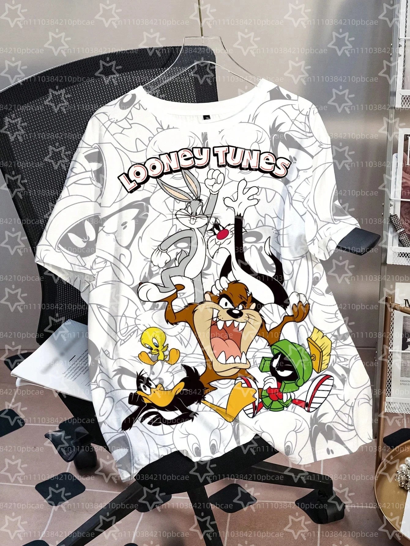 LOONEY TUNES Cartoon Design Pattern Printed Loose Short Sleeve T-shirts Children's Summer Casual Sports Fashion Round Neck Tops