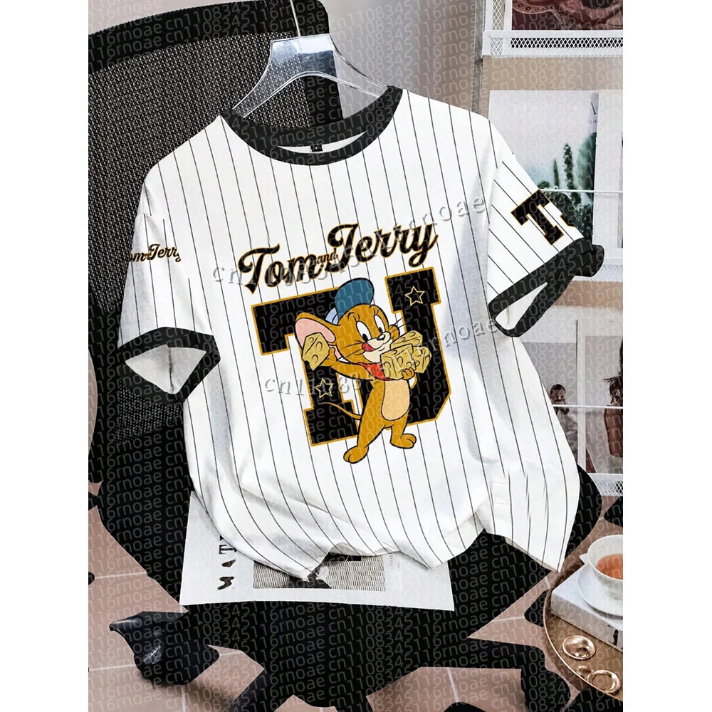 TOM & JERRY Minimalist Casual Cartoon Design Pattern Printed Summer T-shirt Round Neck Short Sleeve Pullover Loose Child Top