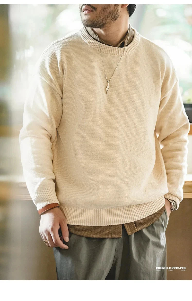 Maden Casual Chenille Round Neck Sweater for Men Warm Skin-friendly Beige Knitwear Autumn Winter Basic Solid Color Soft Sweater
