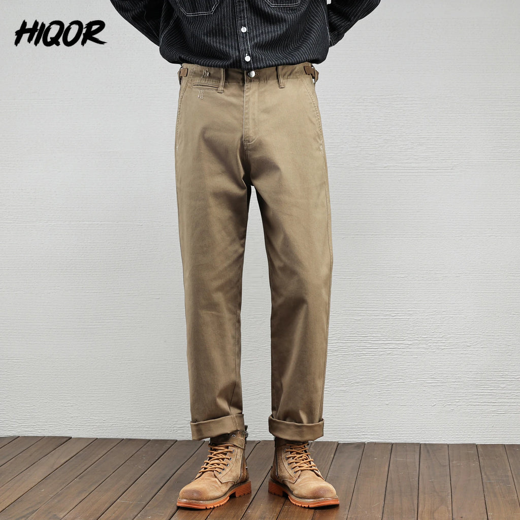 Men's Casual Cotton Pants Autumn Winter Loose Straight Leg High Elastici Bussiness Mid Waist American Retro Workwear Trousers