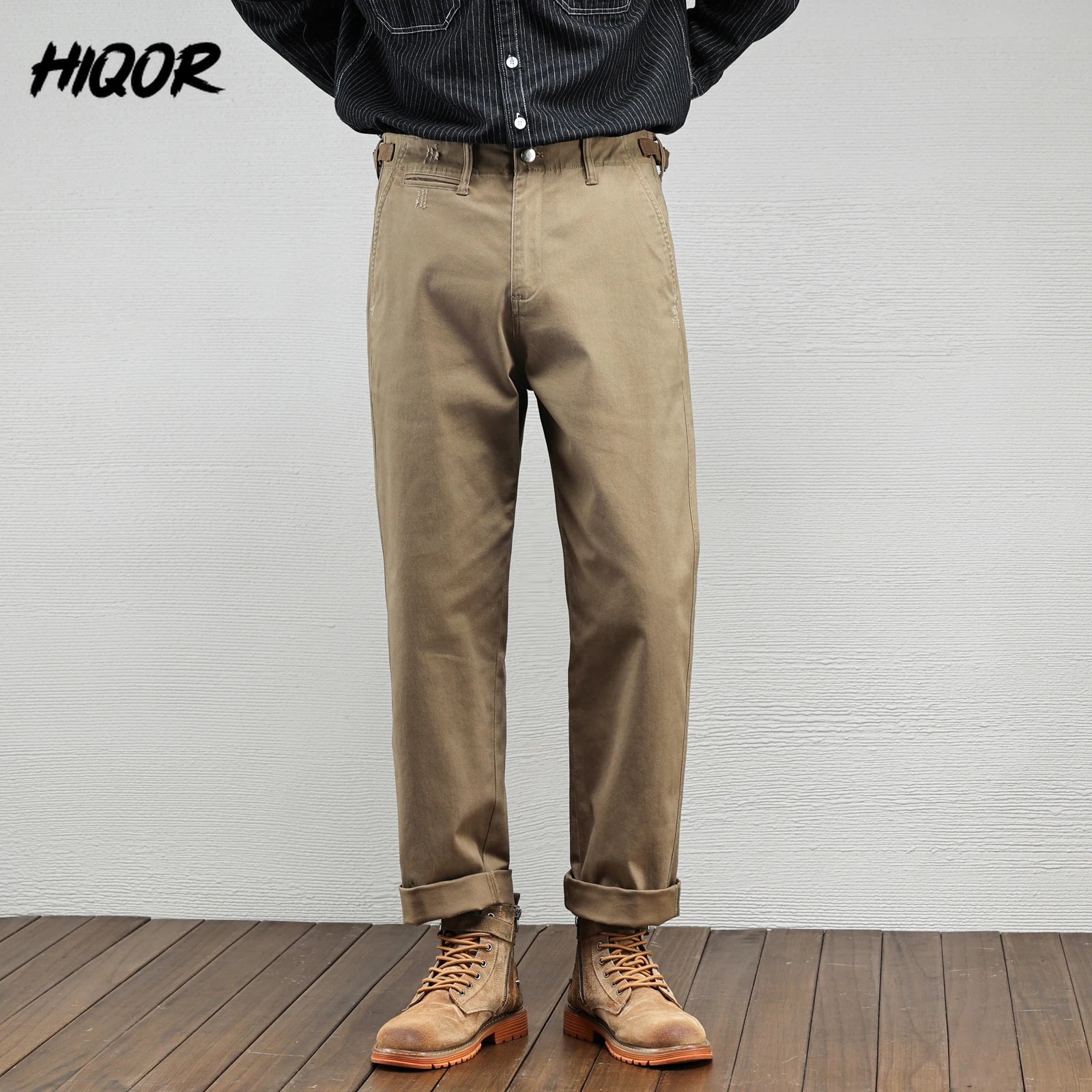 Men's Casual Cotton Pants Autumn Winter Loose Straight Leg High Elastici Bussiness Mid Waist American Retro Workwear Trousers