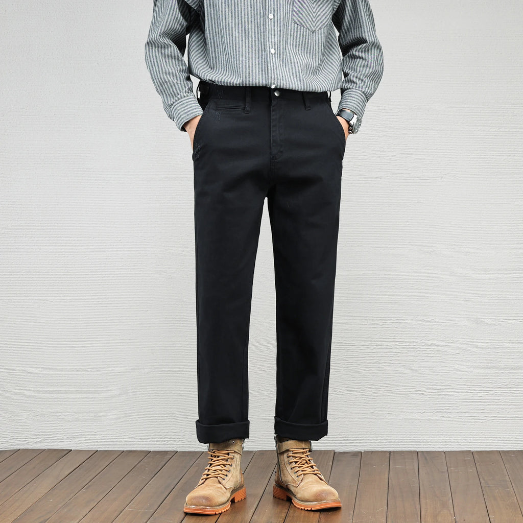 Men's Casual Cotton Pants Autumn Winter Loose Straight Leg High Elastici Bussiness Mid Waist American Retro Workwear Trousers