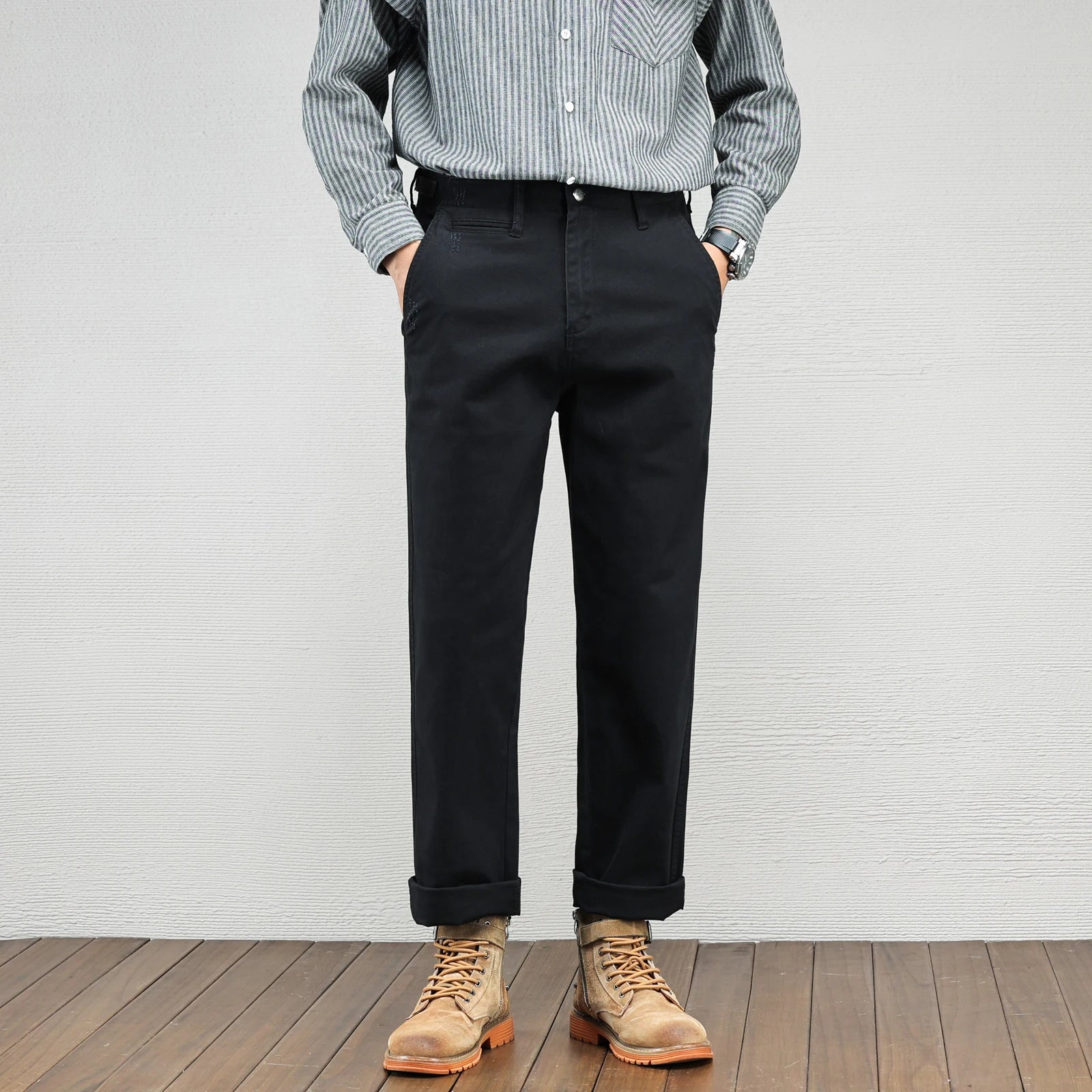 Men's Casual Cotton Pants Autumn Winter Loose Straight Leg High Elastici Bussiness Mid Waist American Retro Workwear Trousers