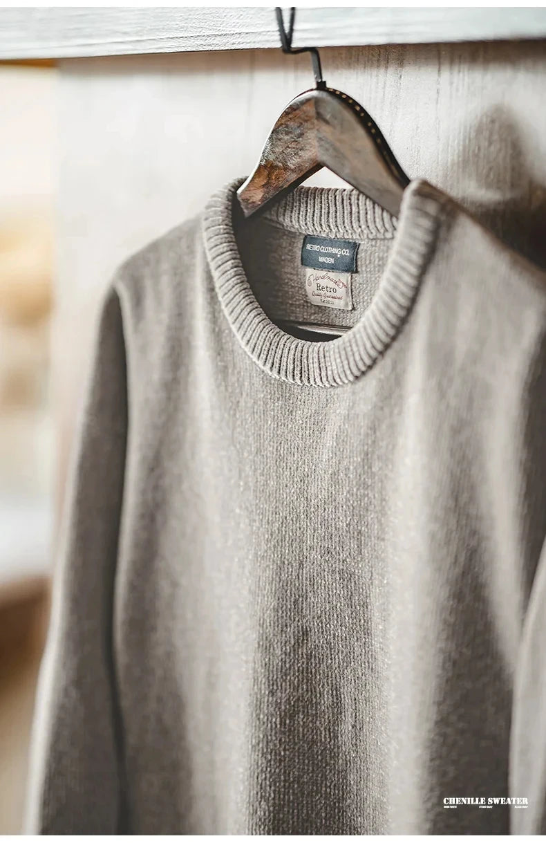 Maden Casual Chenille Round Neck Sweater for Men Warm Skin-friendly Beige Knitwear Autumn Winter Basic Solid Color Soft Sweater